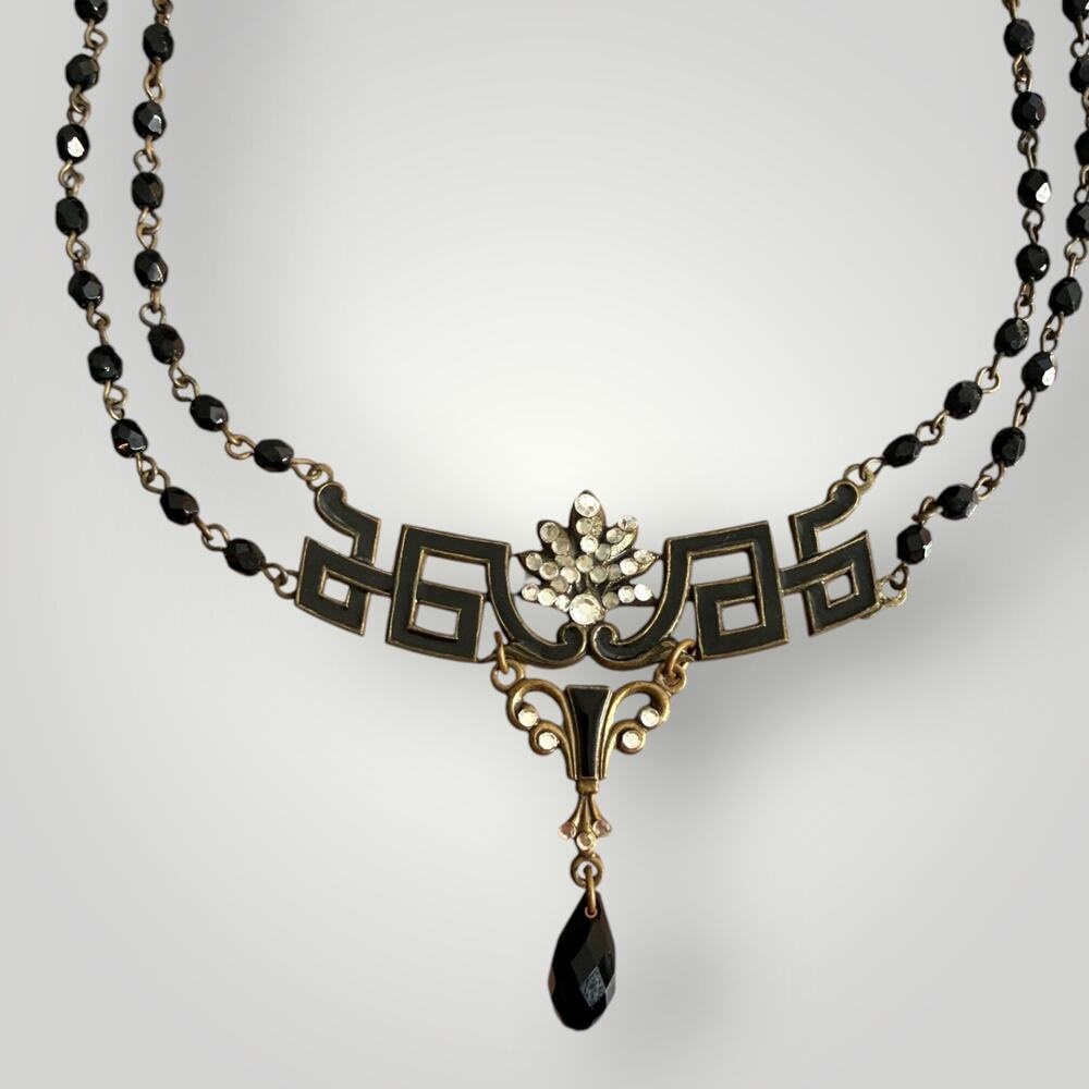 Vintage Anne Koplik Designs Art Deco Black Enamel Crystal Beaded Necklace 18”